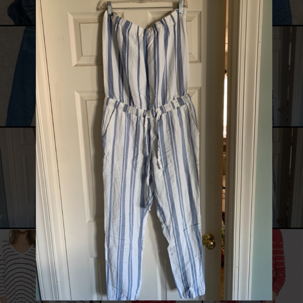 J. Crew Tie Waist White and Blue Strapless Jumpsuit Size S